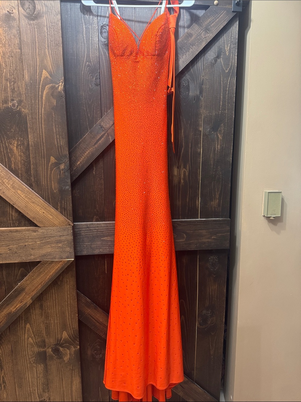 Orange Rhinestone Embellished Spaghetti Strap prom dress